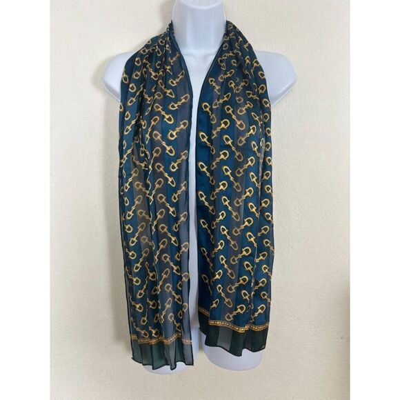 Echo Women Vintage Silk Scarf Blue and Gold Horsebit Equestrian Print - Picture 1 of 7